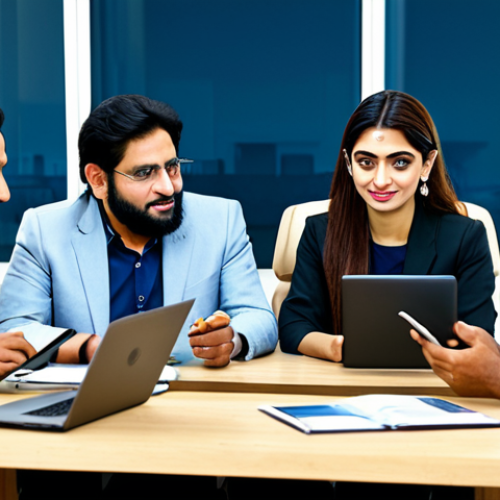 Home 9 Modern Finance in Pakistan**
"A diverse group of Pakistani professionals collaborating in a modern office setting, discussing digital finance on tablets and laptops, fully clothed in modest business attire, appropriate content, safe for work, perfect anatomy, natural proportions, family-friendly, high-resolution, showcasing the integration of digital currencies in the Pakistani economy."
**