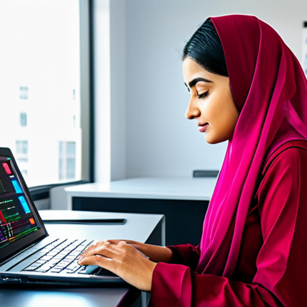 디지털화폐의 경제적 영향 - **
"A professional woman in a modest shalwar kameez, working on a laptop displaying cryptocurrency ...