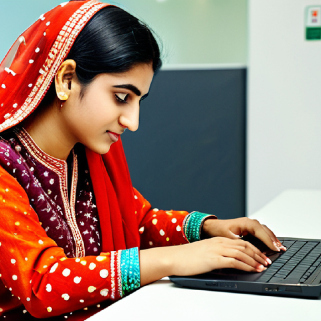 디지털화폐의 경제적 효과 분석 - **Prompt:** A Pakistani woman in a vibrant, traditionally embroidered shalwar kameez, working on a l...