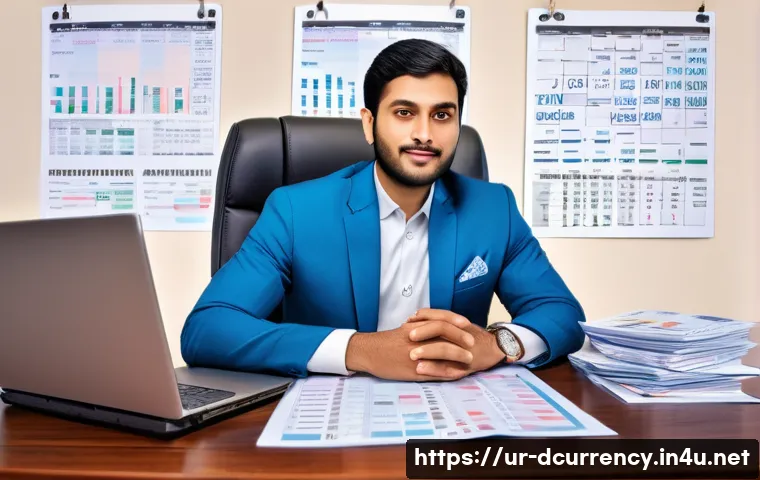 디지털화폐 투자에 따른 세금 - A detailed digital illustration of a South Asian businessman sitting at a traditional wooden desk cl...