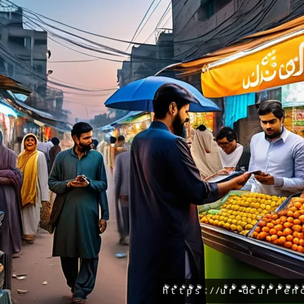 디지털화폐의 시장 분석 및 전망 - A vibrant digital marketplace scene set in a bustling Pakistani city street at sunset, showing diver...