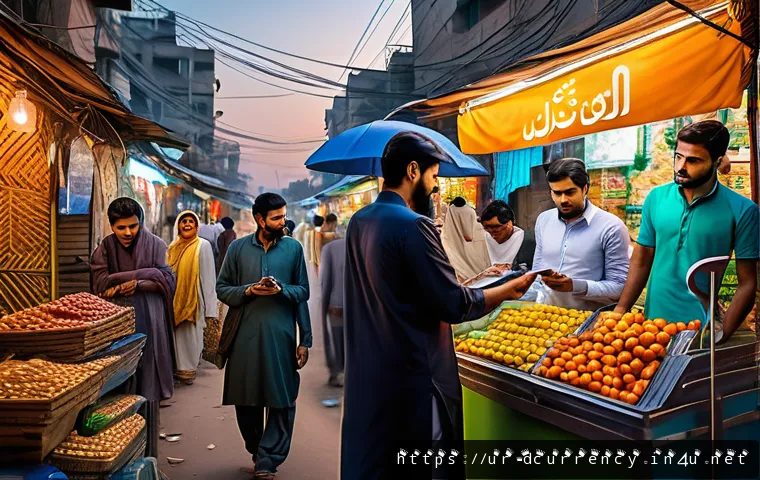 디지털화폐의 시장 분석 및 전망 - A vibrant digital marketplace scene set in a bustling Pakistani city street at sunset, showing diver...