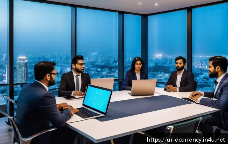 디지털화폐에 대한 주요 기업의 투자 - A modern corporate boardroom scene in a high-rise office in Karachi, featuring diverse executives of...