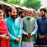 Home 22 디지털화폐 국가별 채택 사례 - A vibrant digital marketplace scene in a rural Pakistani village, featuring diverse men and women us...