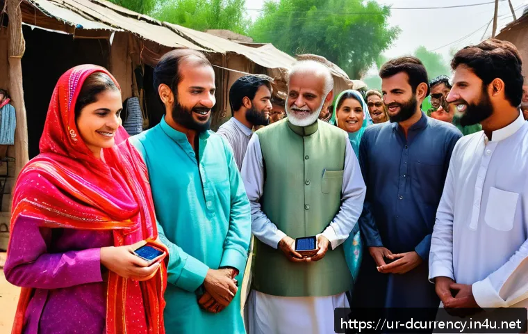 디지털화폐 국가별 채택 사례 - A vibrant digital marketplace scene in a rural Pakistani village, featuring diverse men and women us...