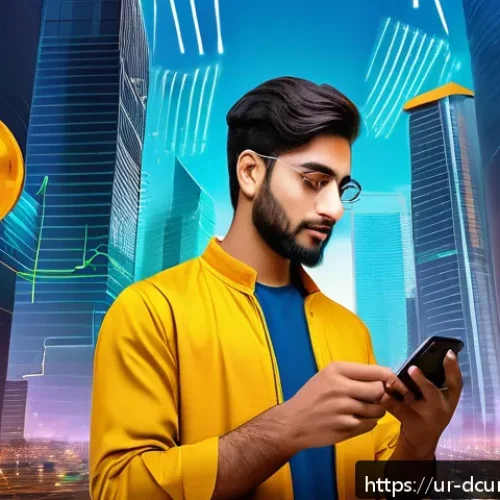 Home 33 디지털화폐와 전통화폐의 관계 - A detailed and vibrant digital art scene depicting a young Pakistani man using a smartphone to condu...