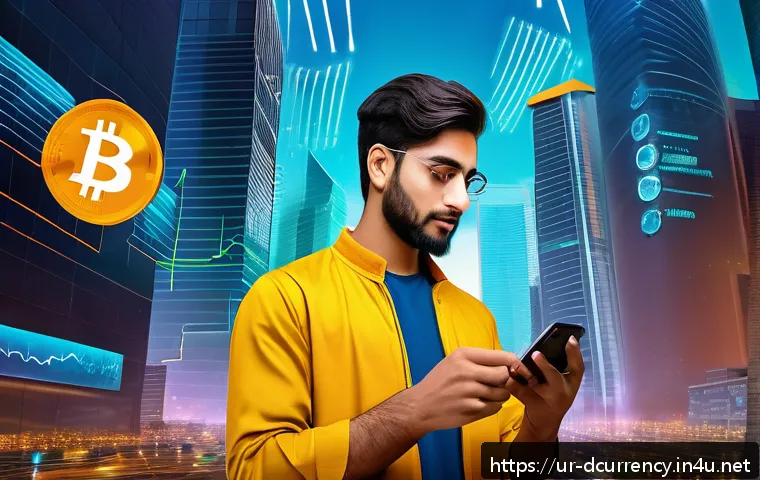 디지털화폐와 전통화폐의 관계 - A detailed and vibrant digital art scene depicting a young Pakistani man using a smartphone to condu...