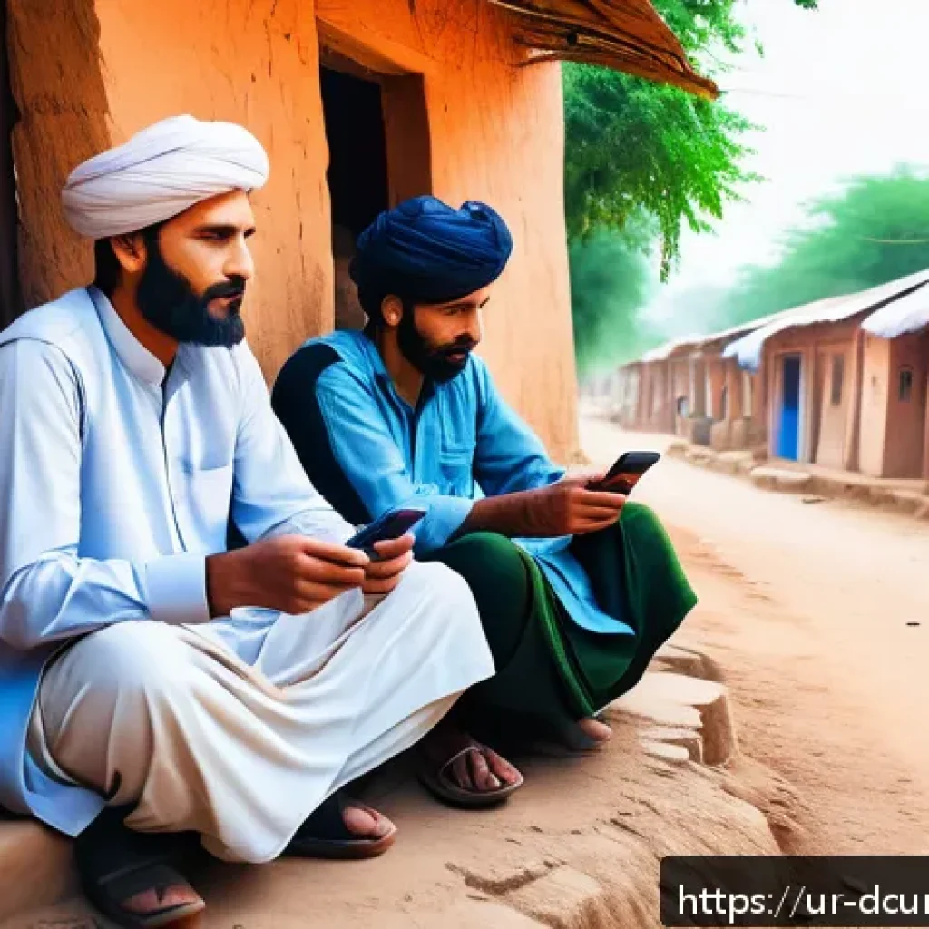 디지털화폐의 탈중앙화적 특성 - A modern digital marketplace scene set in a vibrant rural Pakistani village, showing diverse men and...