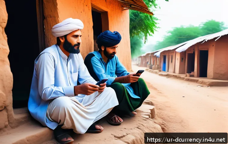 디지털화폐의 탈중앙화적 특성 - A modern digital marketplace scene set in a vibrant rural Pakistani village, showing diverse men and...
