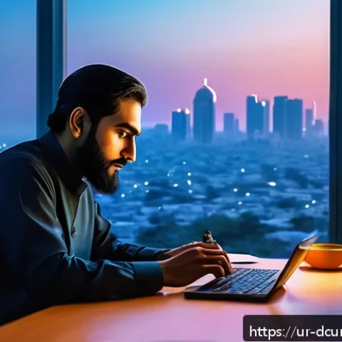 Home 30 디지털화폐 사용 증가에 따른 리스크 - A detailed digital art scene of a Pakistani man sitting at a modern desk in a cozy home office, focu...