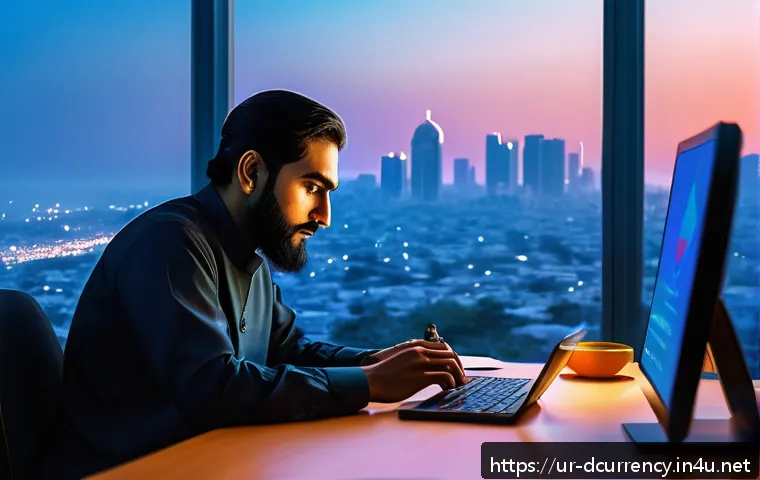 디지털화폐 사용 증가에 따른 리스크 - A detailed digital art scene of a Pakistani man sitting at a modern desk in a cozy home office, focu...