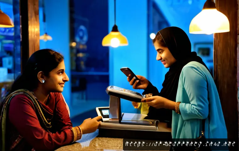 Home 17 디지털화폐와 글로벌 결제 시스템 - Photorealistic evening scene in a contemporary Lahore café, a Pakistani family using a contactless s...