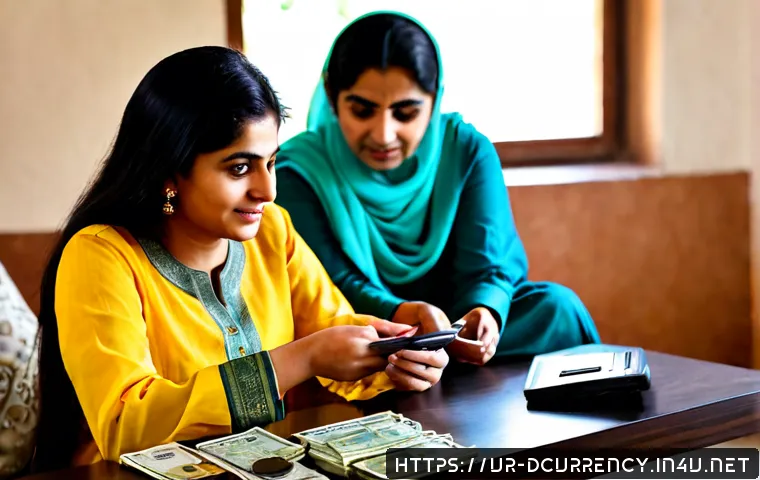 Home 17 디지털화폐 사용과 국가별 규제 차이 - Photorealistic financial technology scene in a modern Pakistani family living room, an adult woman w...